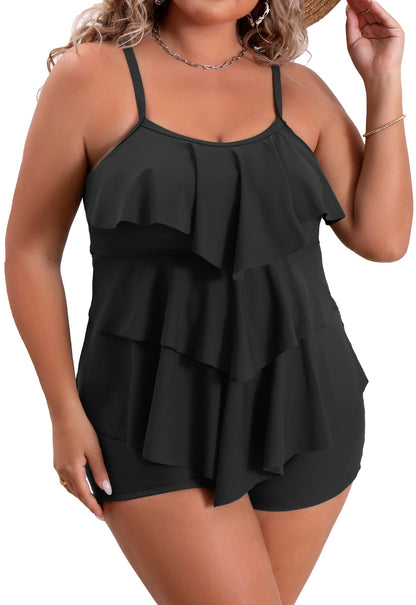 Plus Size Ruffled Flounce Tummy Control Tankini Swimsuits