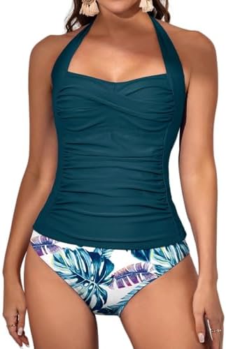 Womens Halter Ruched Tummy Control Two Piece Tankini