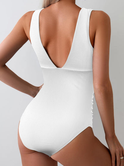 Tummy Control Wide Straps Plunge V Neck One Piece Swimsuit