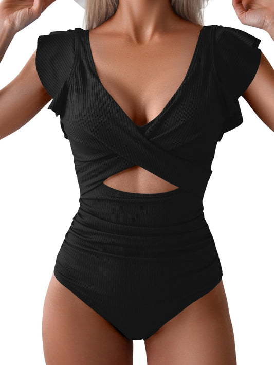 Ruffle Cutout Tummy Control V Neck Wrap One Piece Swimsuit