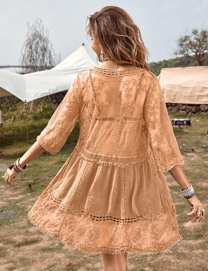 Eomenie Women's Contrast Lace Bathing Suit Cover Up V-Neck Swimsuit Coverups Loose Swimwear Beach Dress Beachwear