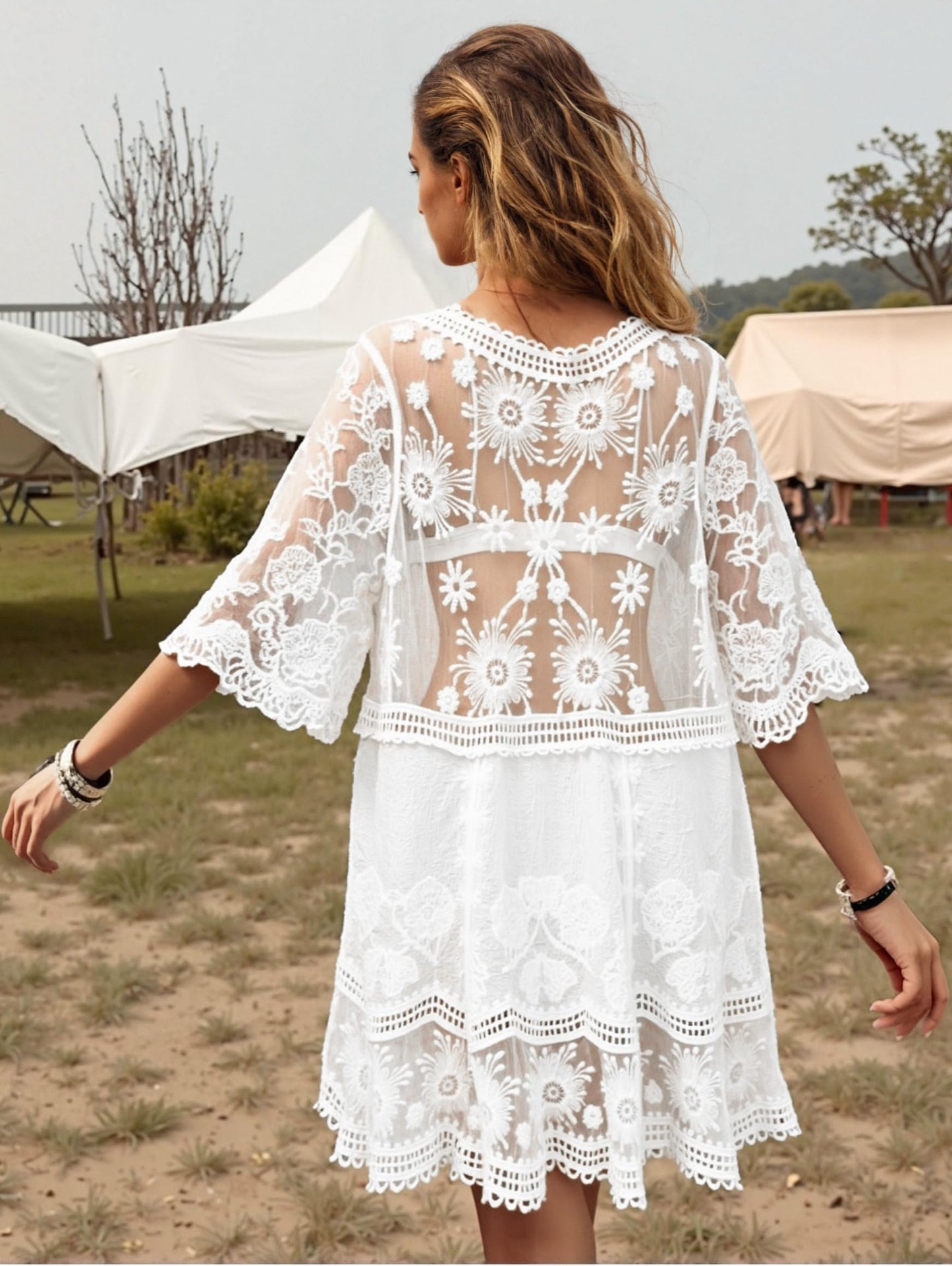 Eomenie Women's Contrast Lace Bathing Suit Cover Up V-Neck Swimsuit Coverups Loose Swimwear Beach Dress Beachwear