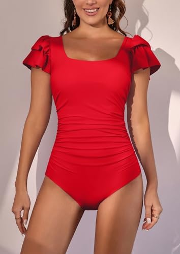 Ruffle Square Neck Tummy Control One Piece Swimsuit
