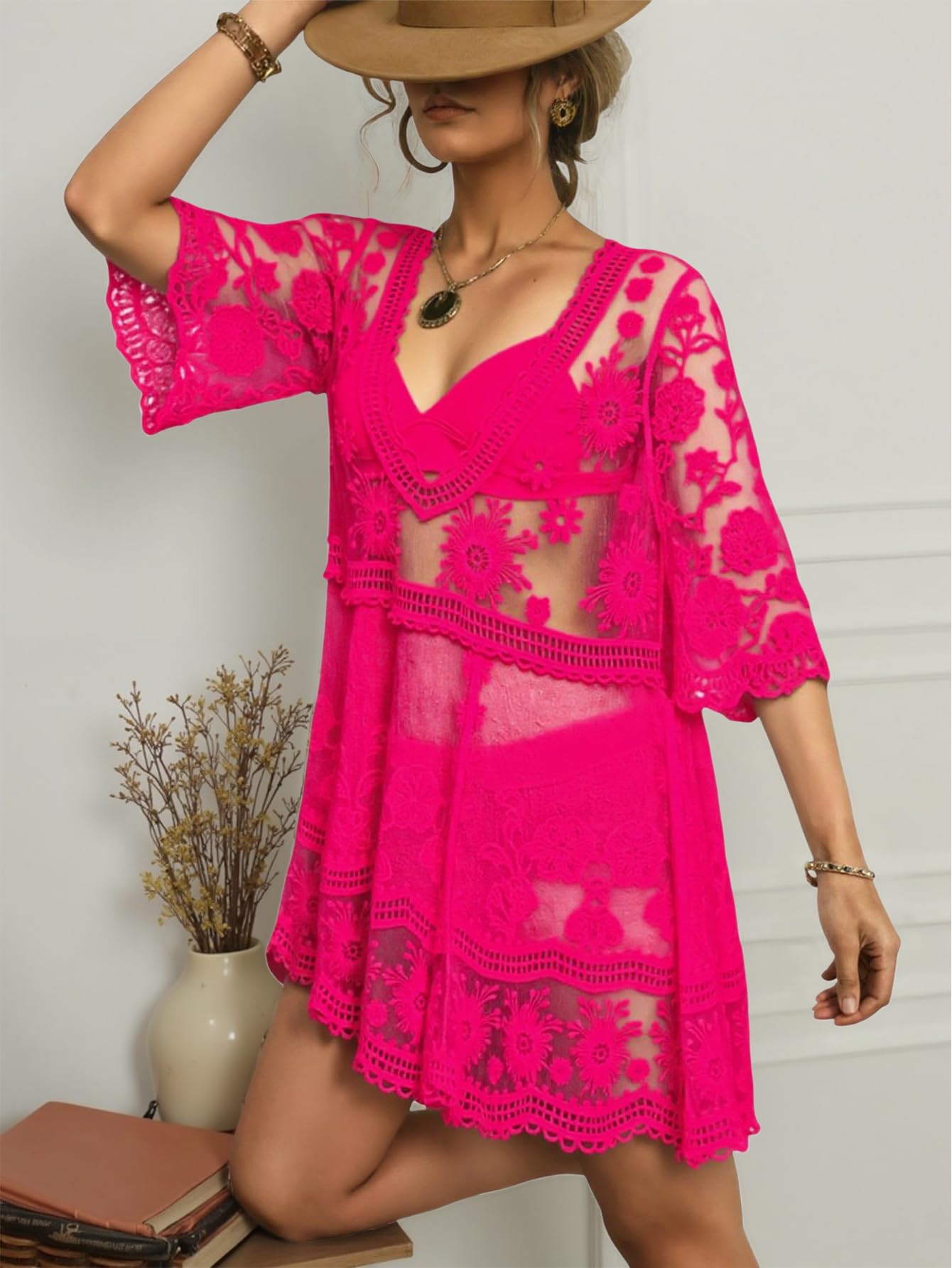 Eomenie Women's Contrast Lace Bathing Suit Cover Up V-Neck Swimsuit Coverups Loose Swimwear Beach Dress Beachwear