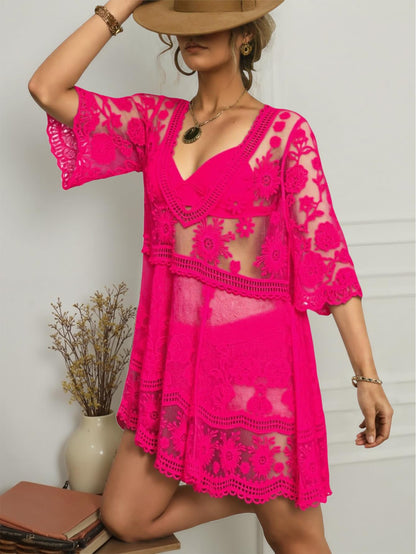 Eomenie Women's Contrast Lace Bathing Suit Cover Up V-Neck Swimsuit Coverups Loose Swimwear Beach Dress Beachwear