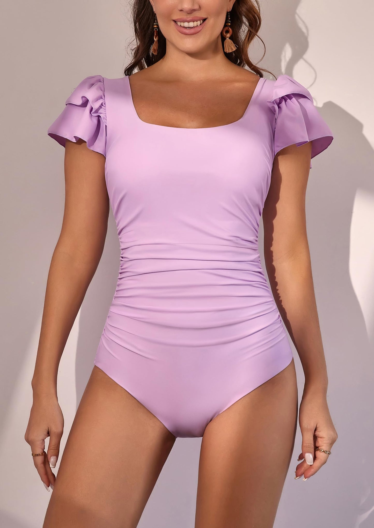 Ruffle Square Neck Tummy Control One Piece Swimsuit