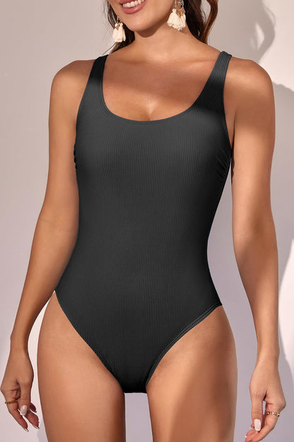 Scoop Neck Ribbed Tummy Control One Piece Swimsuits