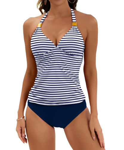 Halter V Neck Tummy Control Tankini Swimsuit for Women