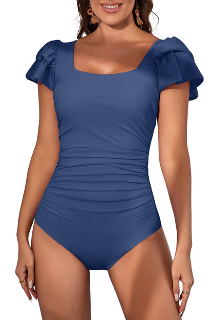 Ruffle Square Neck Tummy Control One Piece Swimsuit