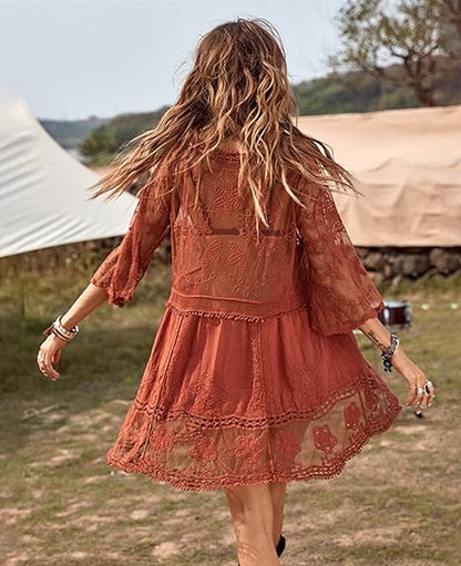 Eomenie Women's Contrast Lace Bathing Suit Cover Up V-Neck Swimsuit Coverups Loose Swimwear Beach Dress Beachwear