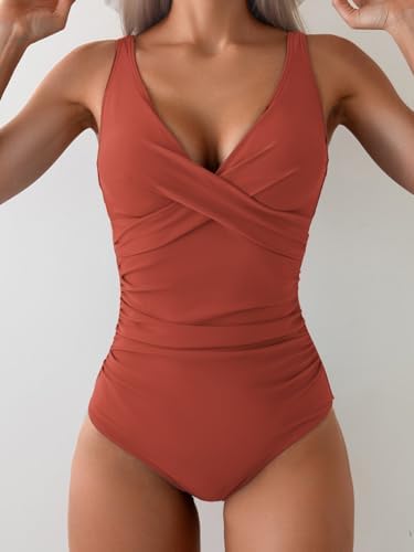 V Neck Ruched Wrap Tummy Control One Piece Swimsuit
