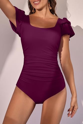 Ruffle Square Neck Tummy Control One Piece Swimsuit
