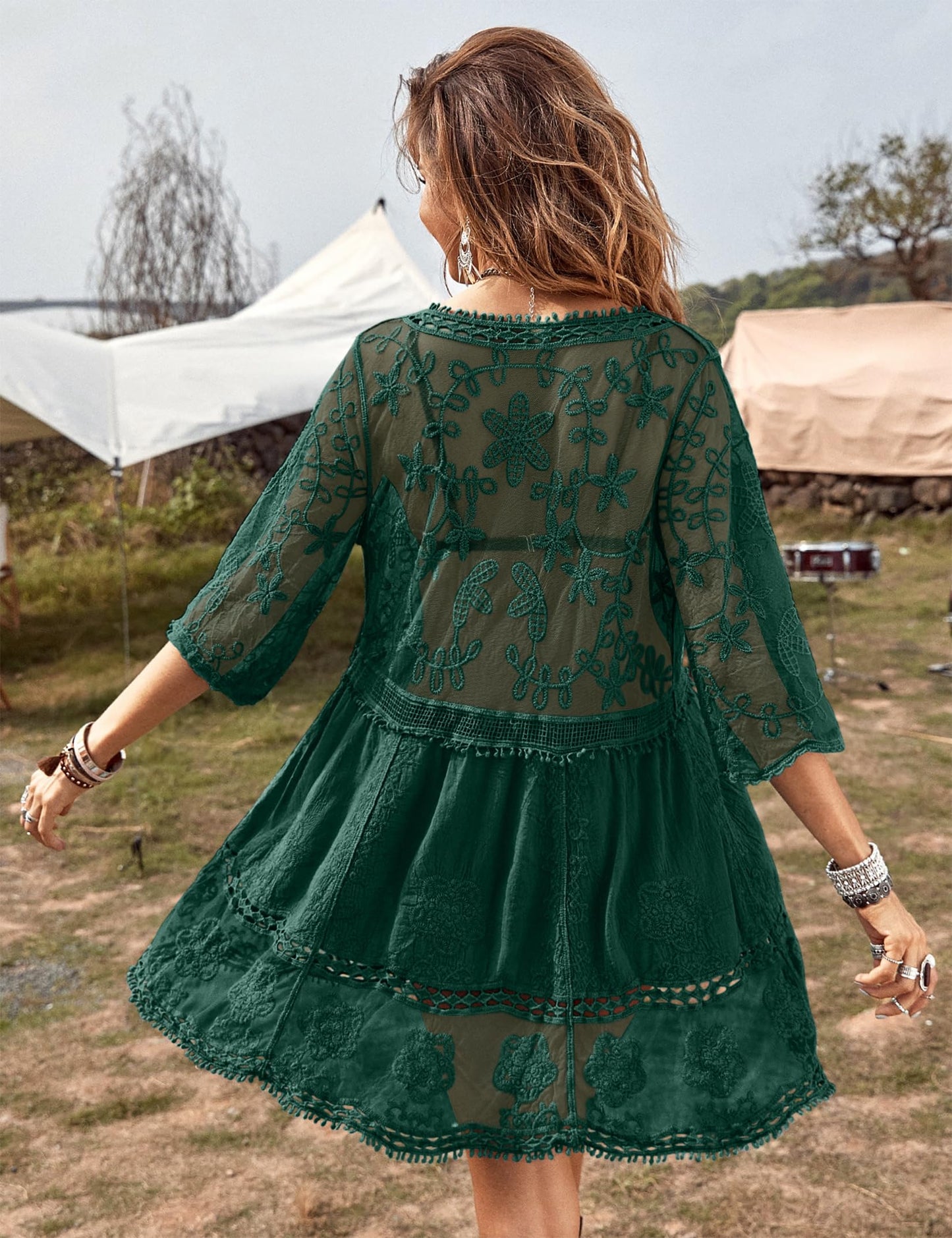 Eomenie Women's Contrast Lace Bathing Suit Cover Up V-Neck Swimsuit Coverups Loose Swimwear Beach Dress Beachwear