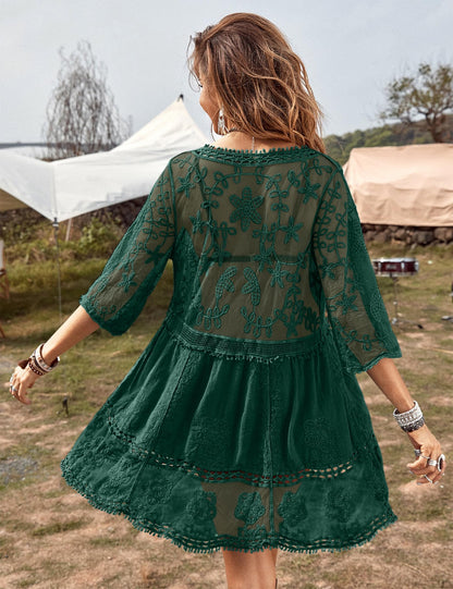 Eomenie Women's Contrast Lace Bathing Suit Cover Up V-Neck Swimsuit Coverups Loose Swimwear Beach Dress Beachwear