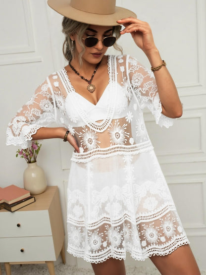 Eomenie Women's Contrast Lace Bathing Suit Cover Up V-Neck Swimsuit Coverups Loose Swimwear Beach Dress Beachwear