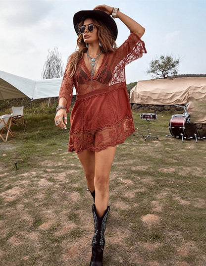 Eomenie Women's Contrast Lace Bathing Suit Cover Up V-Neck Swimsuit Coverups Loose Swimwear Beach Dress Beachwear