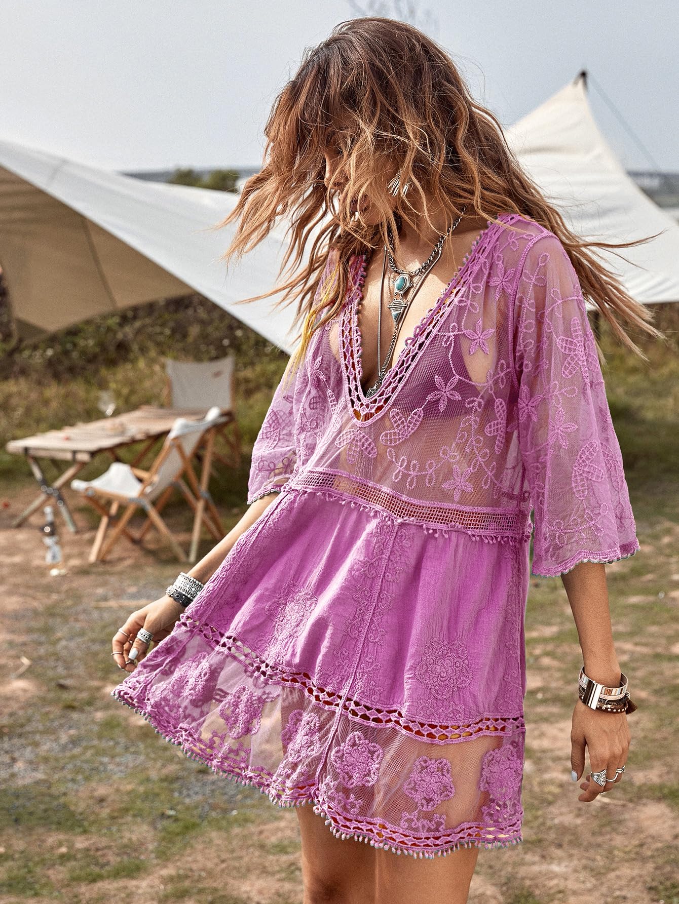 Eomenie Women's Contrast Lace Bathing Suit Cover Up V-Neck Swimsuit Coverups Loose Swimwear Beach Dress Beachwear