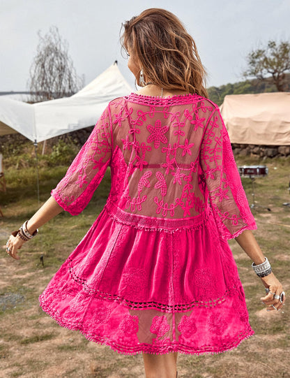 Eomenie Women's Contrast Lace Bathing Suit Cover Up V-Neck Swimsuit Coverups Loose Swimwear Beach Dress Beachwear