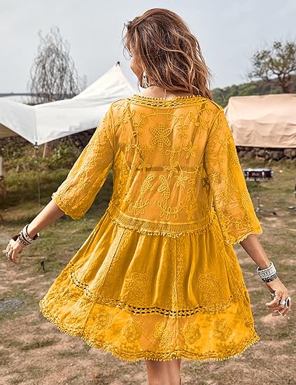 Eomenie Women's Contrast Lace Bathing Suit Cover Up V-Neck Swimsuit Coverups Loose Swimwear Beach Dress Beachwear