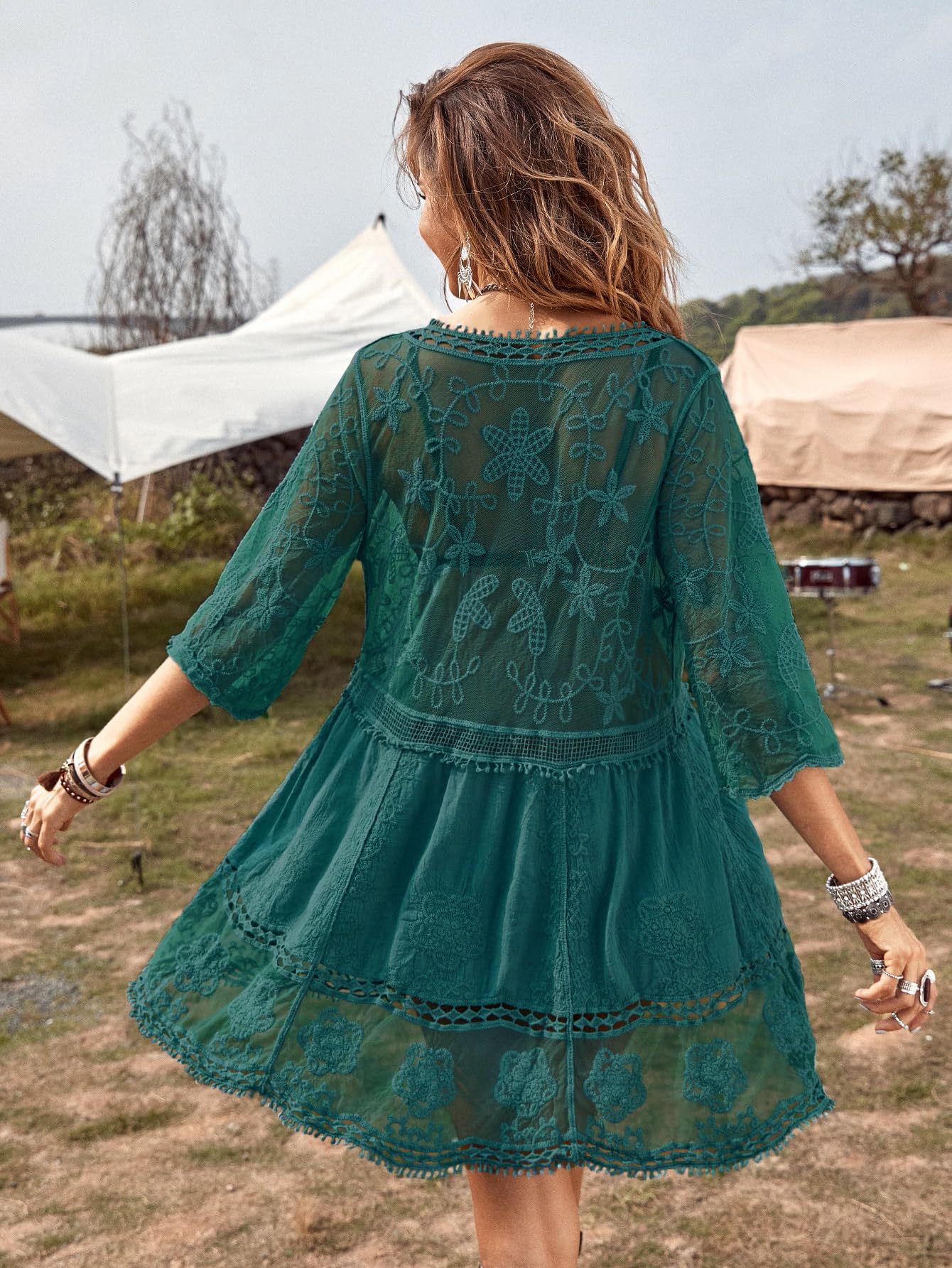 Eomenie Women's Contrast Lace Bathing Suit Cover Up V-Neck Swimsuit Coverups Loose Swimwear Beach Dress Beachwear