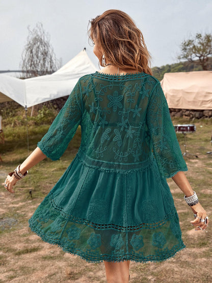 Eomenie Women's Contrast Lace Bathing Suit Cover Up V-Neck Swimsuit Coverups Loose Swimwear Beach Dress Beachwear