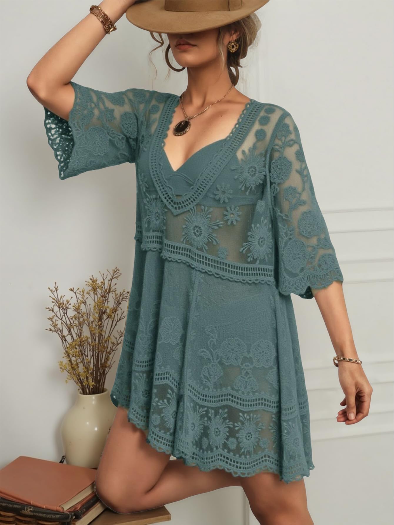 Eomenie Women's Contrast Lace Bathing Suit Cover Up V-Neck Swimsuit Coverups Loose Swimwear Beach Dress Beachwear