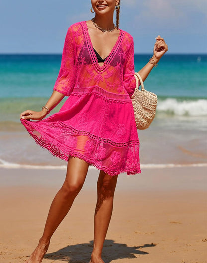 Eomenie Women's Contrast Lace Bathing Suit Cover Up V-Neck Swimsuit Coverups Loose Swimwear Beach Dress Beachwear