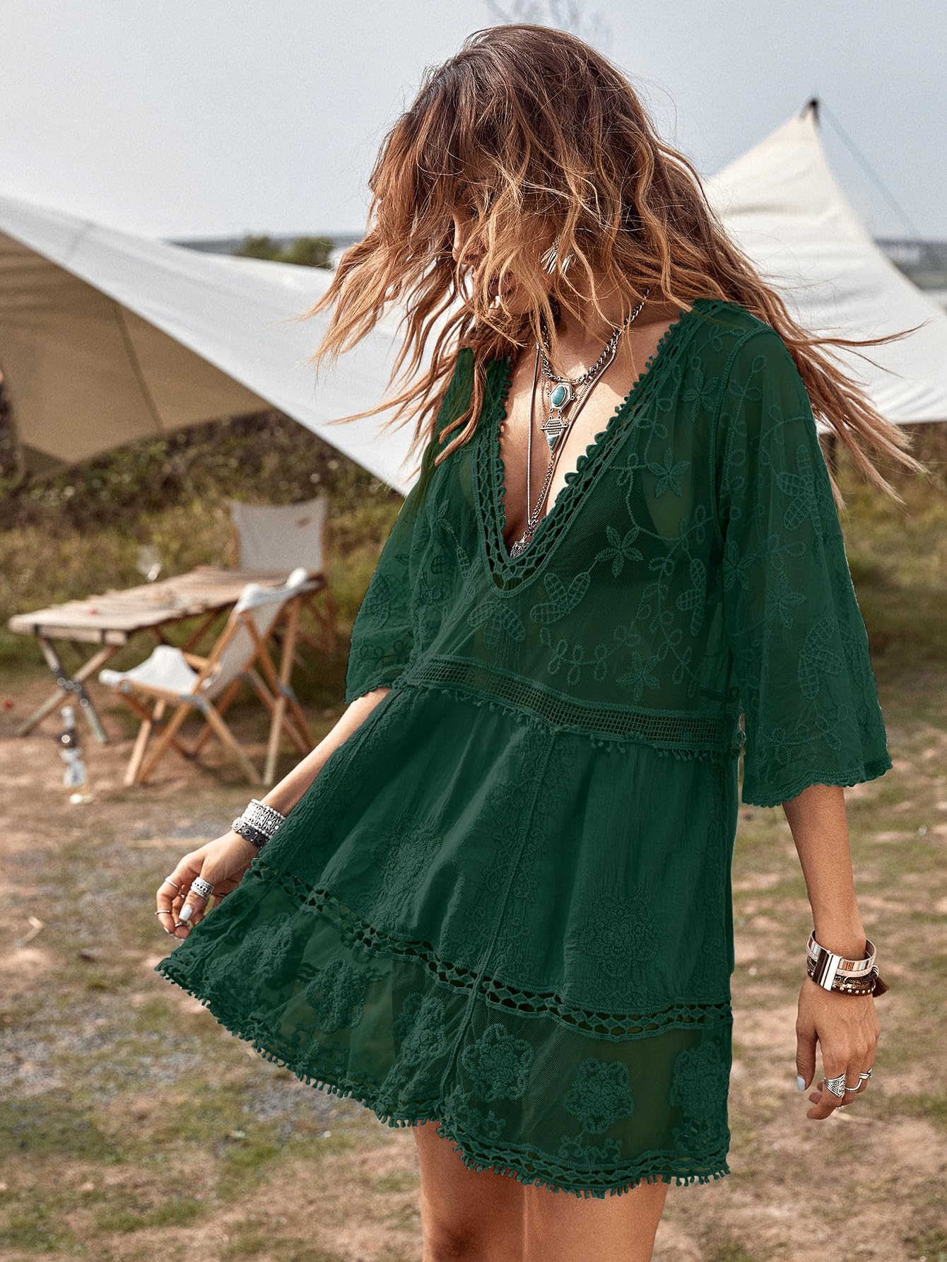 Eomenie Women's Contrast Lace Bathing Suit Cover Up V-Neck Swimsuit Coverups Loose Swimwear Beach Dress Beachwear