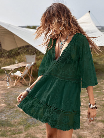 Eomenie Women's Contrast Lace Bathing Suit Cover Up V-Neck Swimsuit Coverups Loose Swimwear Beach Dress Beachwear