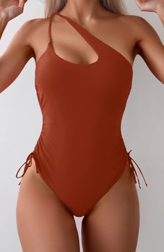 One Shoulder High Cut Tie Side Drawstring Swimsuits