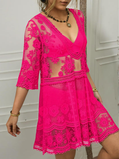 Eomenie Women's Contrast Lace Bathing Suit Cover Up V-Neck Swimsuit Coverups Loose Swimwear Beach Dress Beachwear